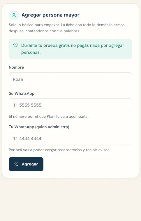 Pantalla real para agregar a la persona mayor: nombre, su WhatsApp y el tuyo
