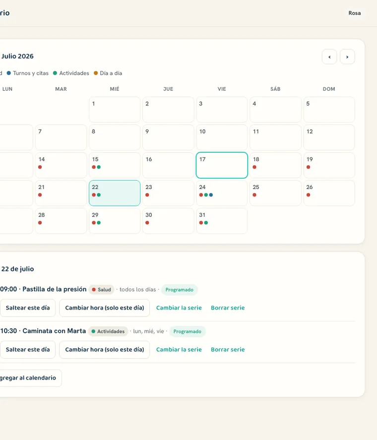 El calendario real del panel: actividades por categoría, día por día