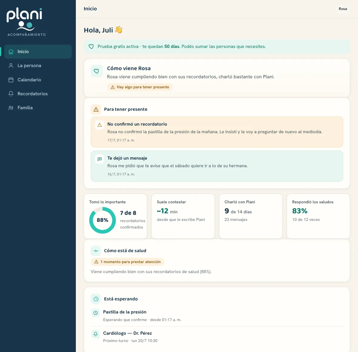 El panel real de Plani con datos de demostración: novedades, seguimiento y actividad
