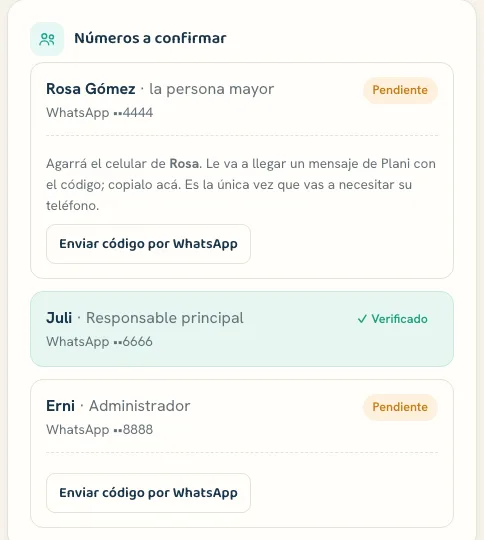 Pantalla real de verificación: cada número con su código, estado Pendiente o Verificado